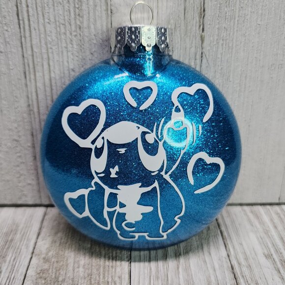 Vtg Christmas Tree Ball Ornament Ohana Stitch Design Glittered Blue Plastic 4.5" - Picture 1 of 4